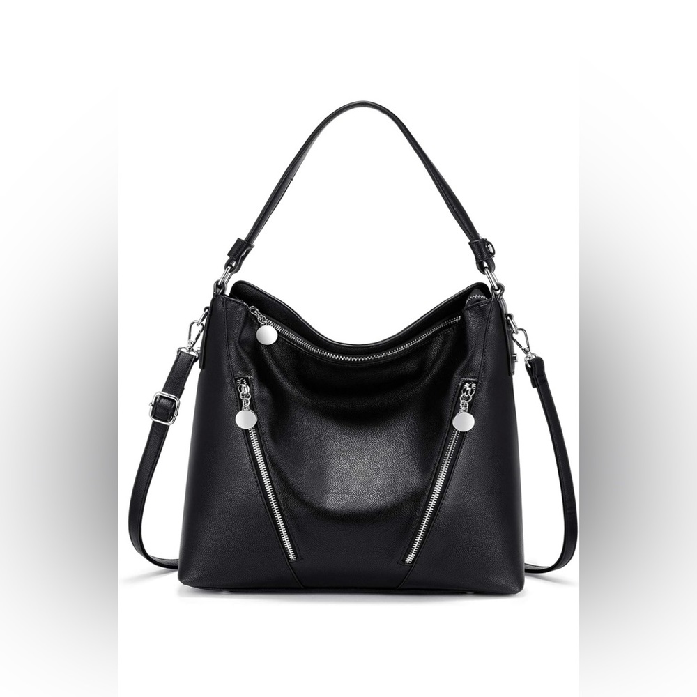 Black purse, black bag, cross-body bag.